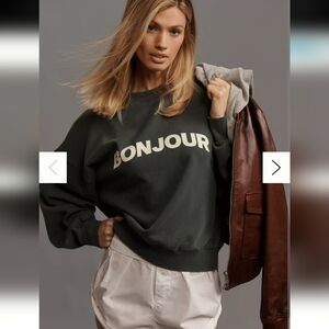 Araminta James Bonjour Sweatshirt By Anthropologie Green Crew Neck